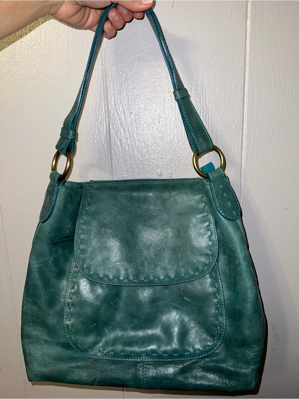 Nino BOSSI Teal Leather Shoulder Bag with Ring-Detail Straps